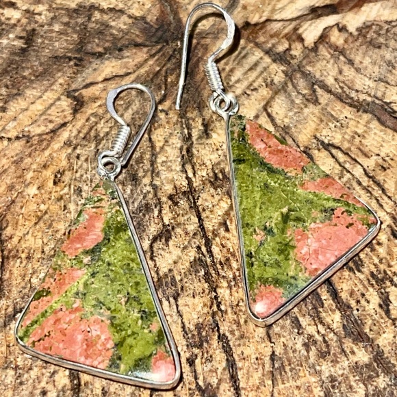Triangular Unakite Jasper Earrings 1 1/2” - Picture 9 of 10